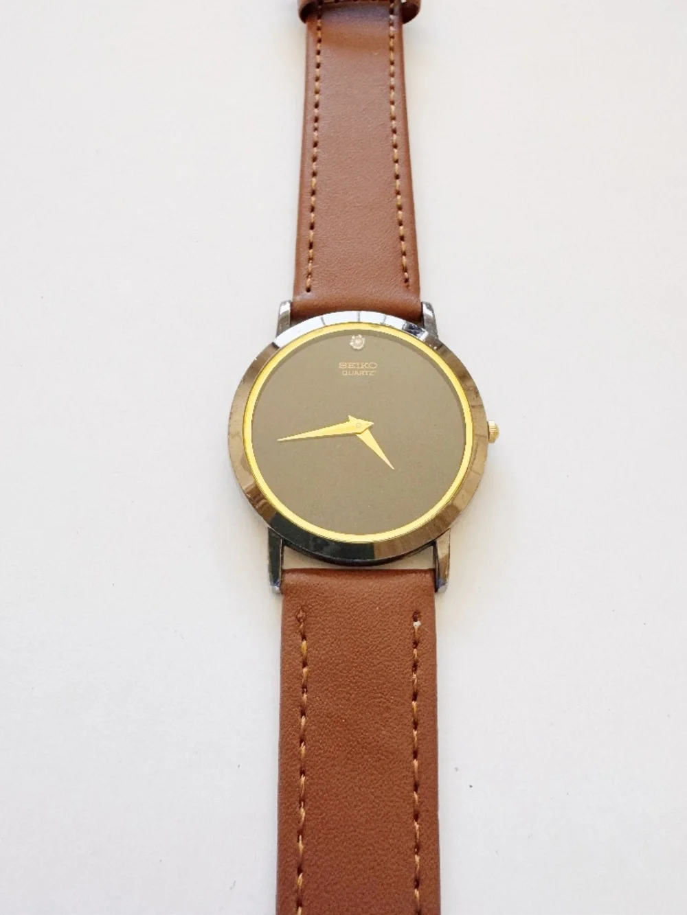 Vintage Seiko Quartz Watch | Gold Tone Mirror Dial | Brown Leather | 34mm
